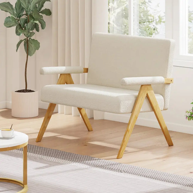 Loveseat Sofa with Armrests and Wooden Legs-Beige - Beige - Sofas & Loveseats