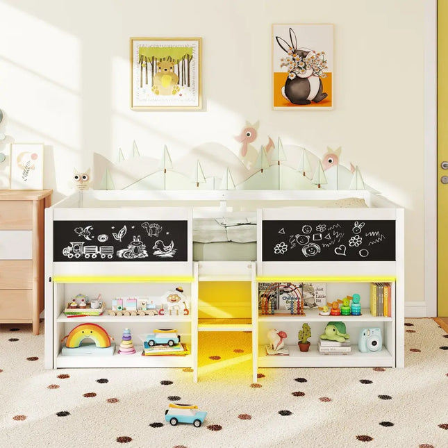 Low Loft Bed with LED Lights Kid’s Cabin Bed with Bookcases-White - White - Simple Bed Frame