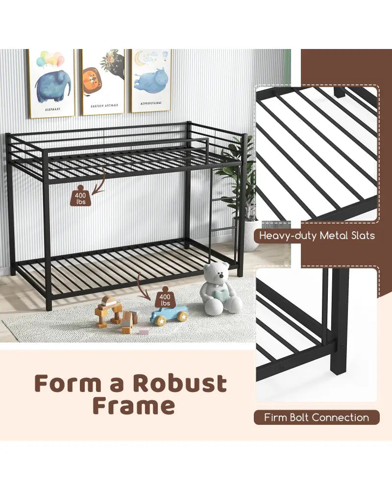 Low Profile Twin Over Twin Metal Bunk Bed with Full-length Guardrails-Black - Black - Bunk Bed Frame