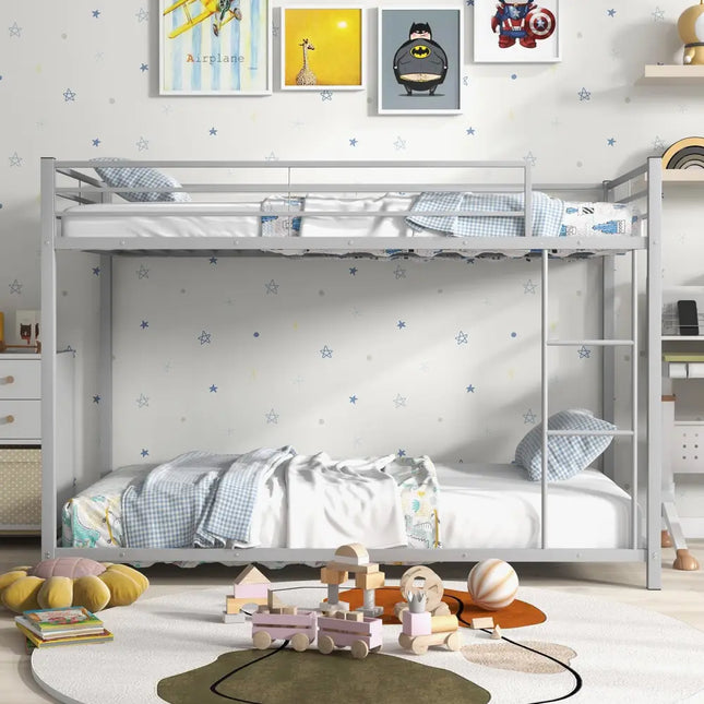 Low Profile Twin Over Twin Metal Bunk Bed with Full-length Guardrails-Silver - Silver - Bunk Bed Frame