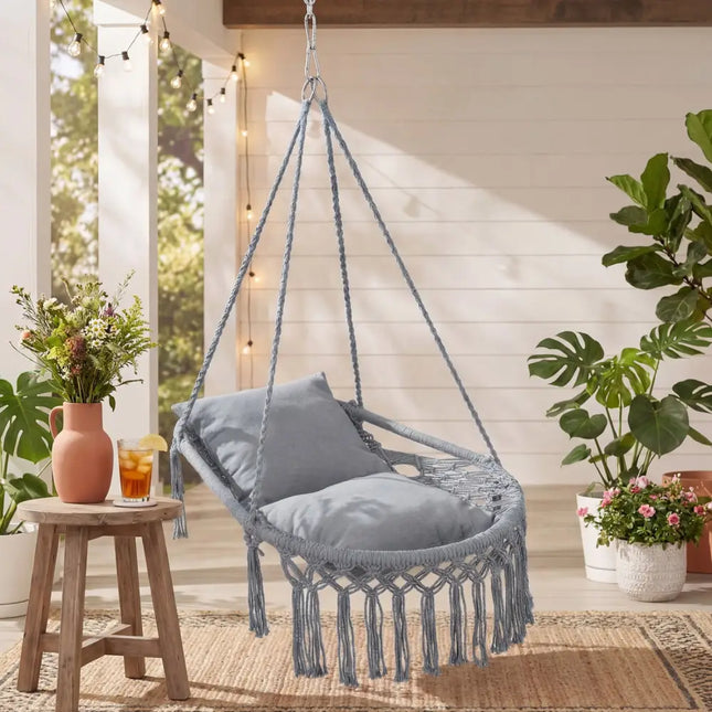 Macrame Swing Chair Hammock Chair with 2 Removable Cushions-Grey - Gray - Hammocks