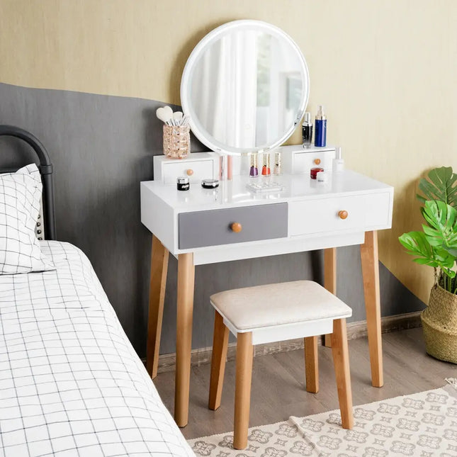 Makeup Dressing Table with 4 Drawers and Lighted Mirror-White - White - Makeup Vanities