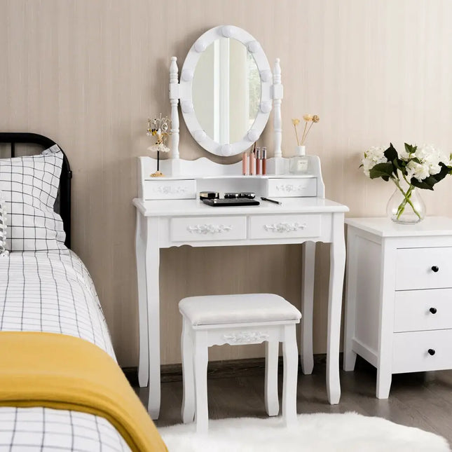 Makeup Dressing Table with Touch Switch Lighted Mirror and Cushioned Stool-White - White - Makeup Vanities