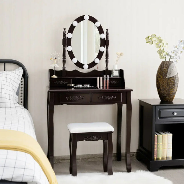Makeup Dressing Table with Touch Switch Lighted Mirror and Cushioned Stool-Brown - Brown - Makeup Vanities