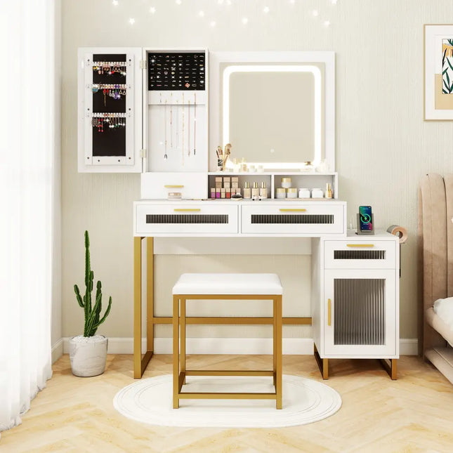 Makeup Vanity Desk Dressing Table and Stool Set with Lighted Mirror-White - White - Makeup Vanities