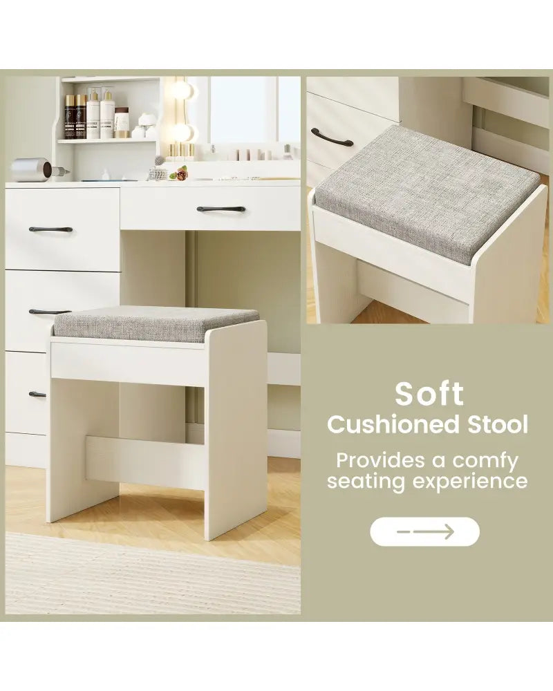 Makeup Vanity Desk Dressing Table and Stool Set with Mirror and Lights-White - White - Makeup Vanities
