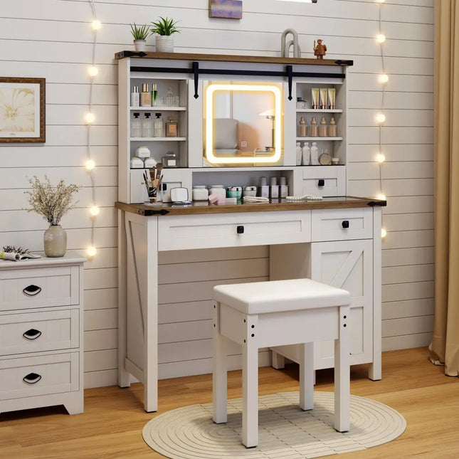 Makeup Vanity Desk with Mirror and 3-Color Dimmable LED Lights-White - White - Makeup Vanities