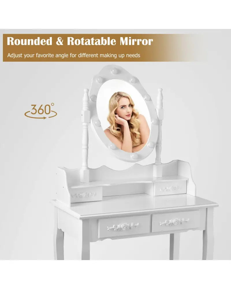 Makeup Vanity Dressing Table Set with Dimmable Bulbs Cushioned Stool-White - White - Makeup Vanities