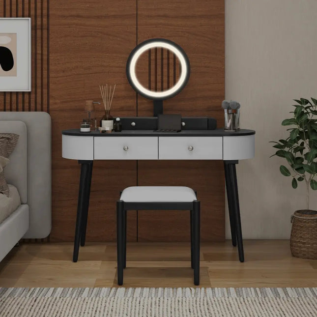 Makeup Vanity Table Set with LED Mirror and 3 Spacious Drawers-White-Dark Wood - White - Makeup Vanities