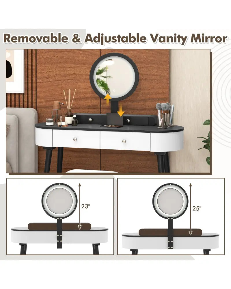 Makeup Vanity Table Set with LED Mirror and 3 Spacious Drawers-White-Dark Wood - White - Makeup Vanities