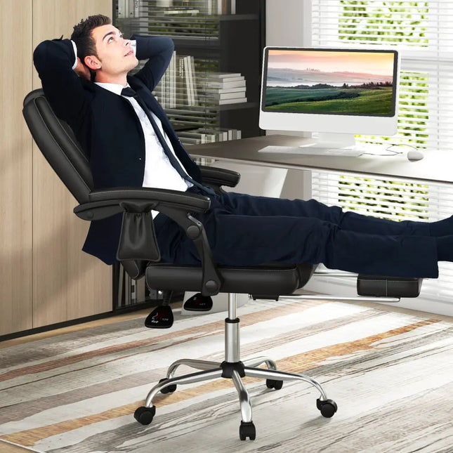 Massage Adjustable Executive Chair with Armrests and Retractable Footrest-Black - Black - Executive Chairs