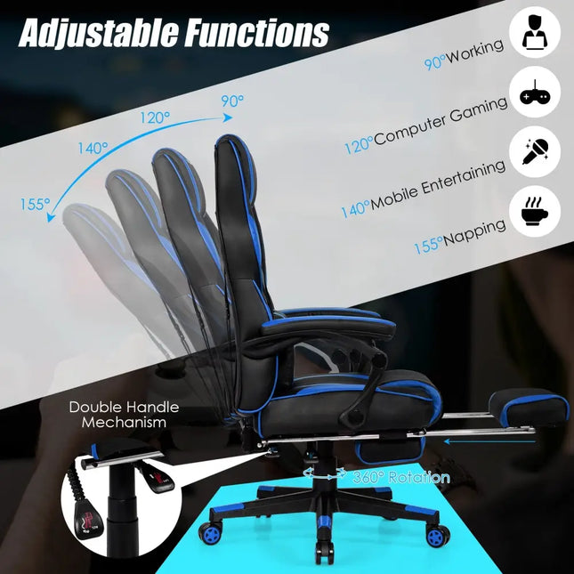 Massage Gaming Chair with Footrest and Lumbar Support - Blue - Gaming Chairs