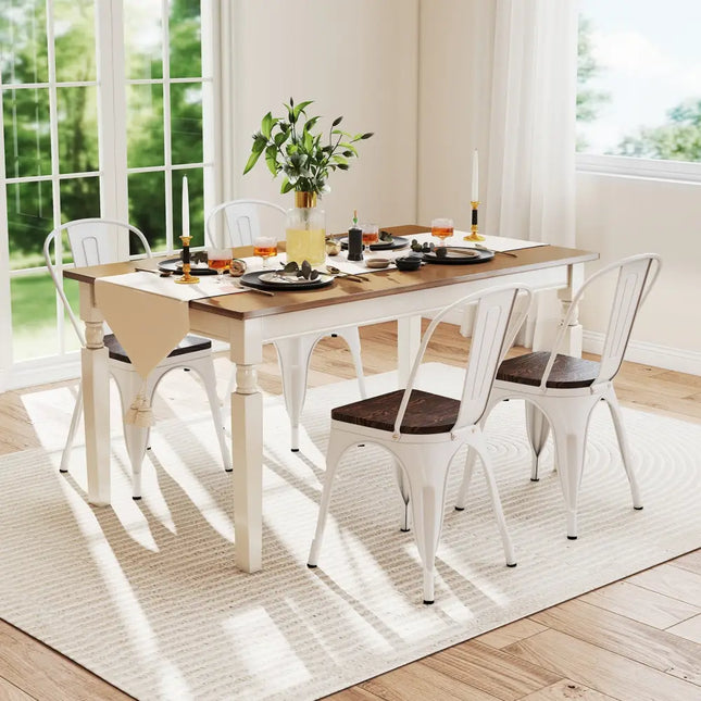 Metal Dining Chairs Set of 4 Stackable Kitchen Side Chairs with Wood Seat and Detachable High Backrest-White - White