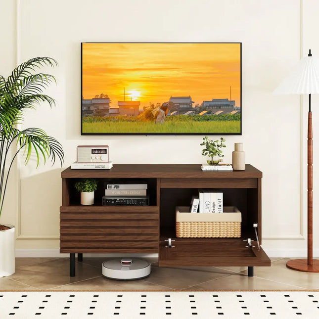 Mid Century Fluted TV Stand for 40 Inch TV Modern Entertainment Center with Open Compartment-Walnut - Walnut