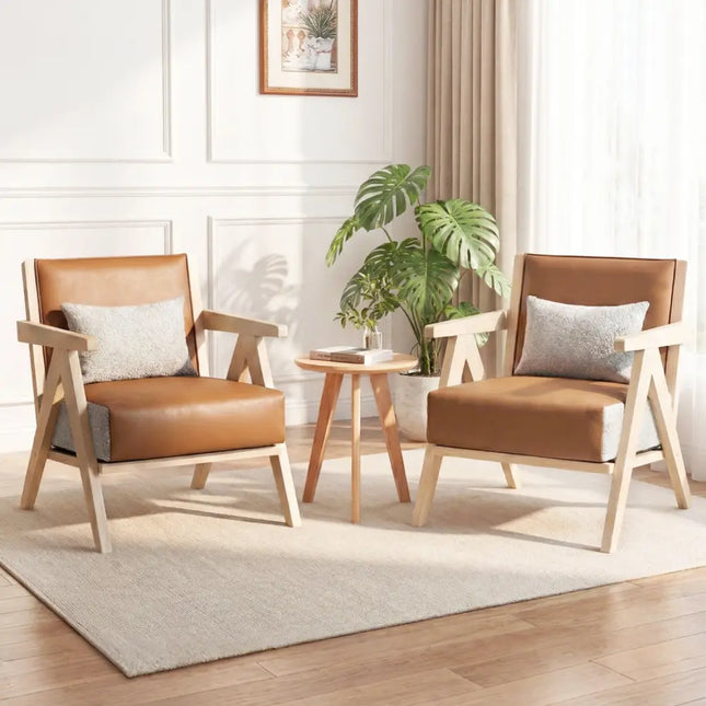 Mid-Century Modern Accent Chair Artificial Leather Sofa Chair with Rubber Wood Frame-Brown - Brown - Accent Chairs