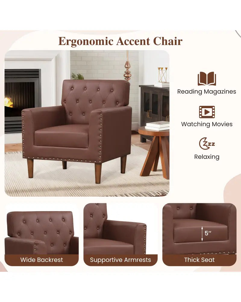Mid Century Modern Accent Chair with Button Tufted Decoration and Rivets-Brown - Brown - Accent Chairs