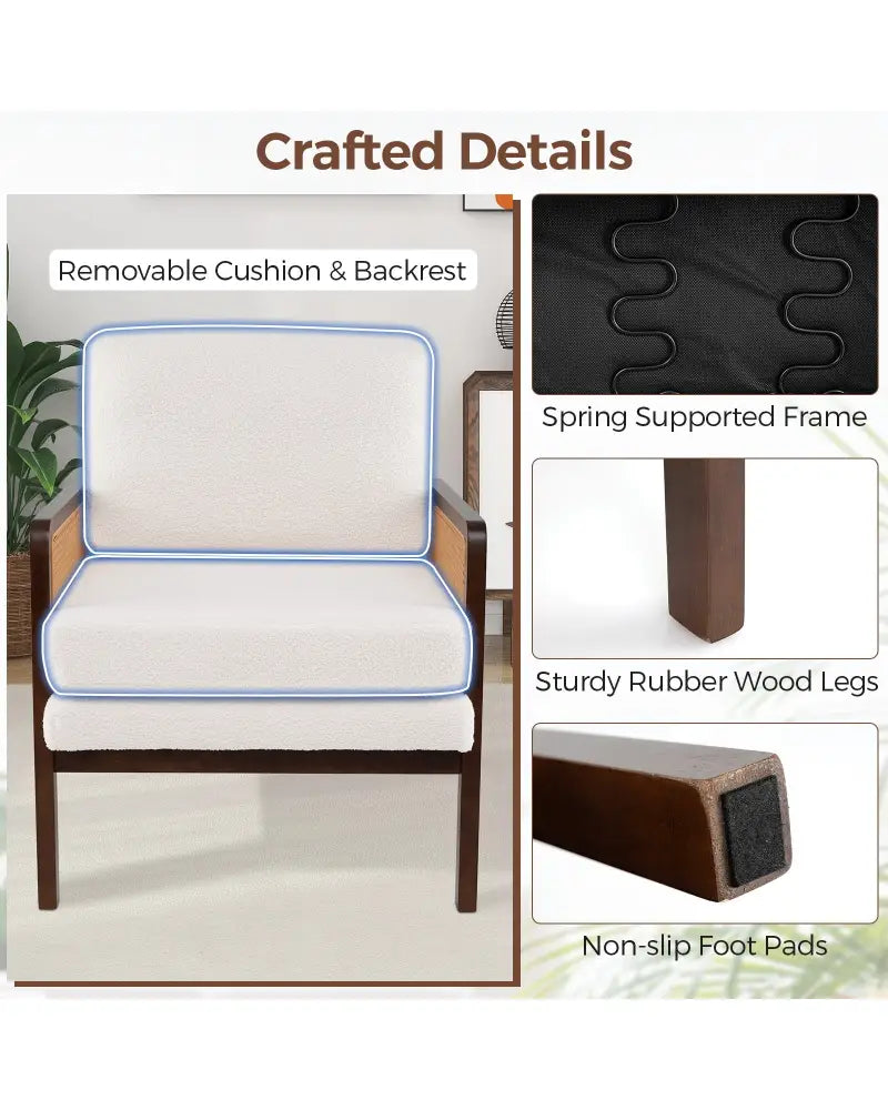 Mid Century Modern Accent Chair with Rattan Arms and Cushion-Brown - Brown - Accent Chairs