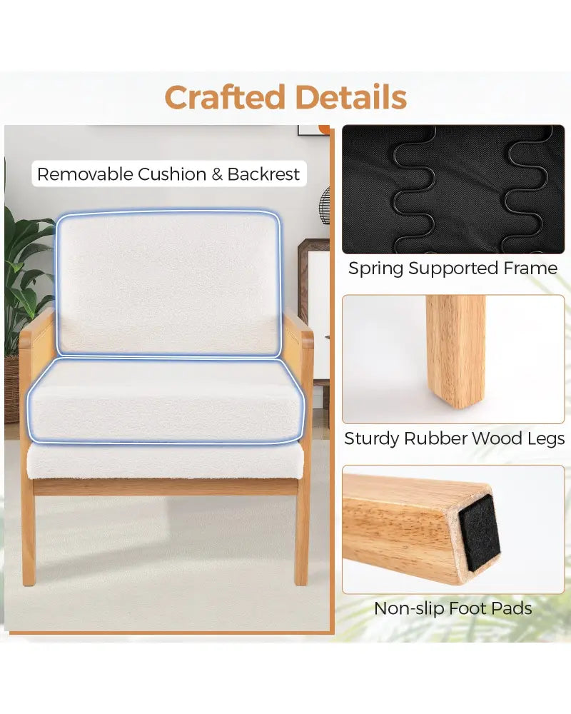 Mid Century Modern Accent Chair with Rattan Arms and Cushion-Natural - Natural - Accent Chairs