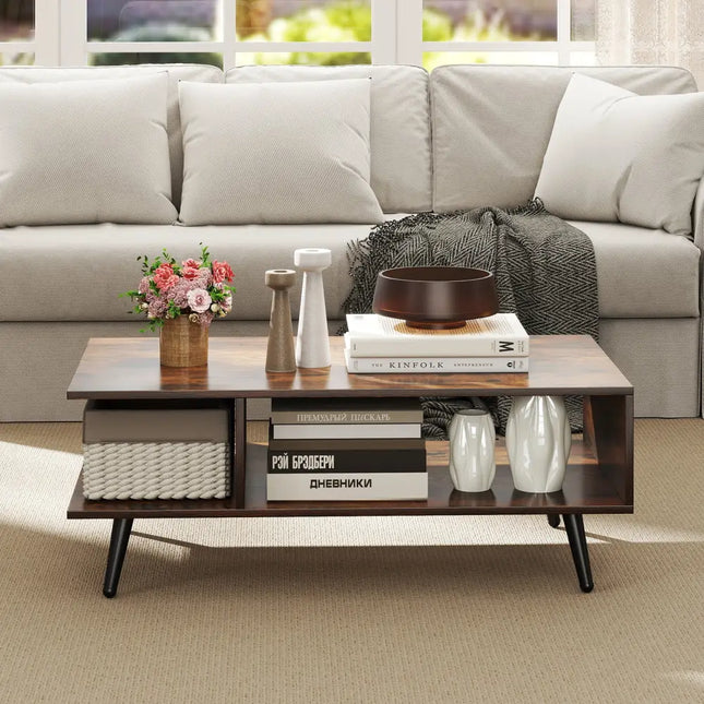 Mid Century Modern Rectangle Coffee Table 2-Tier Accent Table with 2 Open Compartments-Rustic Brown - Rustic Brown