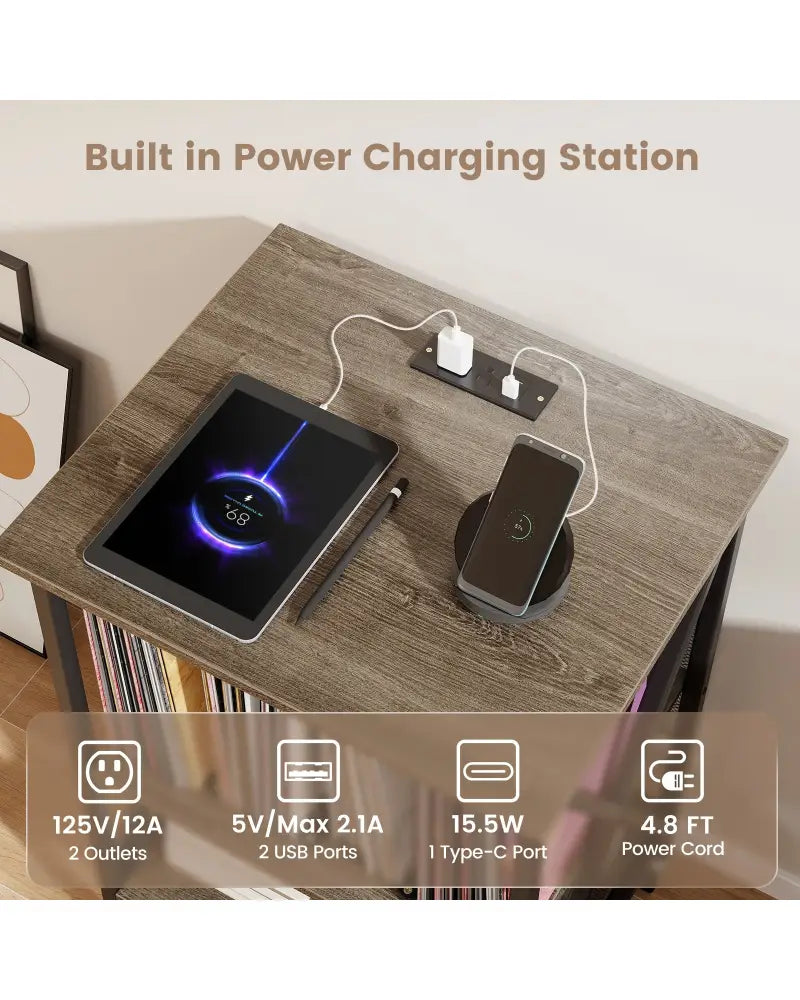 Mid-Century Record Player Stand with Built-in Charging Station-Gray - Gray - End & Side Tables