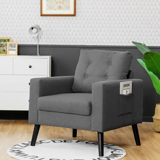 Mid-Century Upholstered Armchair Club Chair with Rubber Wood Legs-Gray - Gray - Accent Chairs