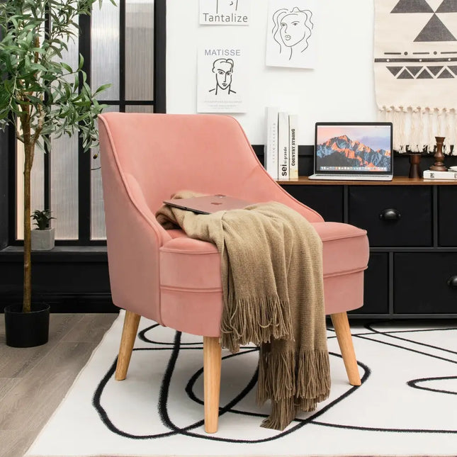 Mid Century Velvet Accent Chair with Rubber Wood Legs for Bedroom-Pink - Pink - Accent Chairs