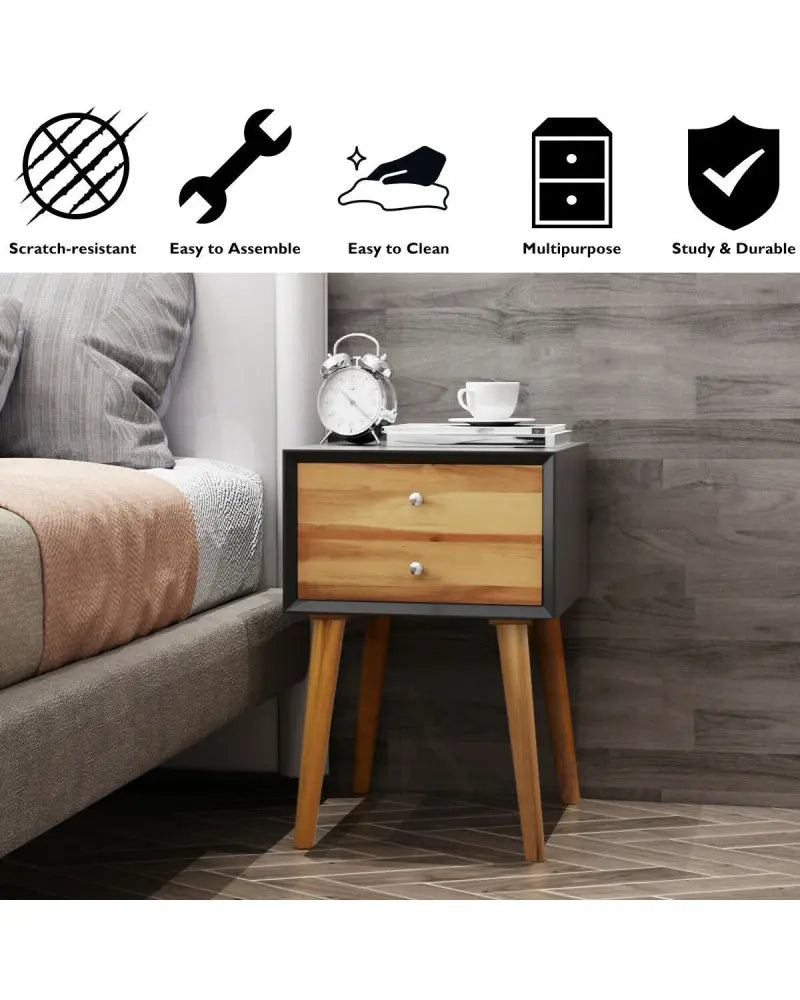 Mid-Century Wooden Multipurpose End Table with 2 Storage Drawers-Black - Black - Nightstands