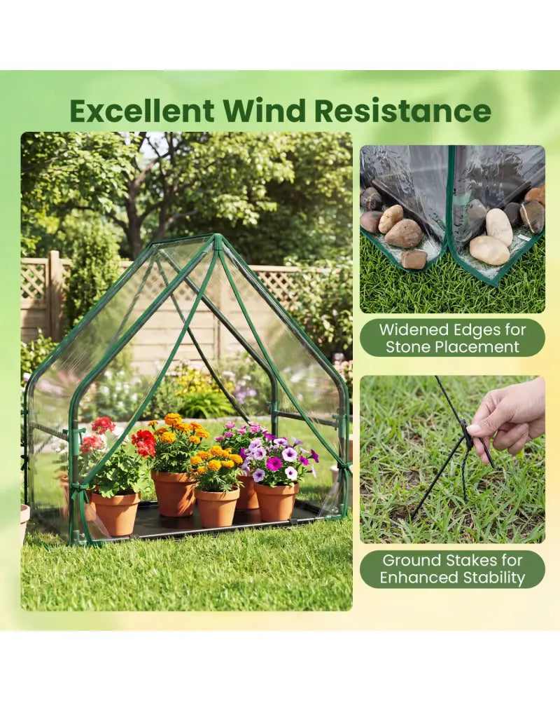 Mini Green House Metal Frame with Waterproof Bottom Mat and Wind Ropes-S - Transparent - Greenhouses