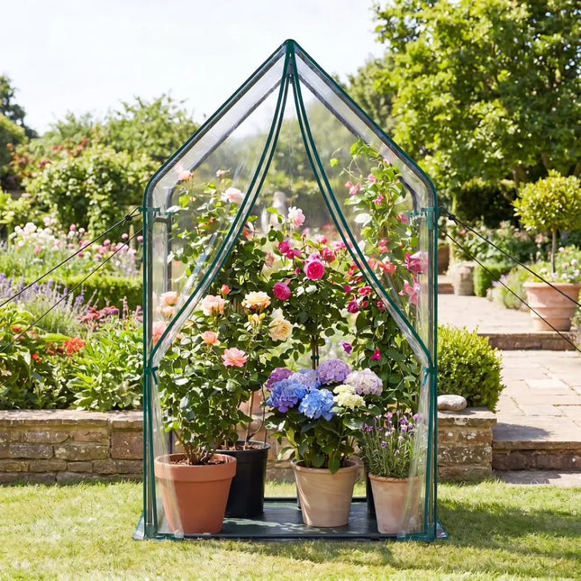 Mini Green House Metal Frame with Waterproof Bottom Mat and Wind Ropes-L - Transparent - Greenhouses