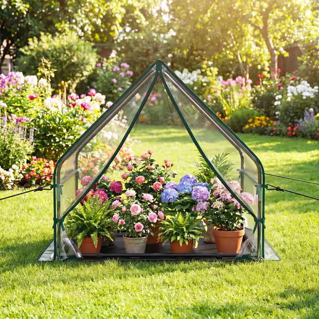 Mini Green House Metal Frame with Waterproof Bottom Mat and Wind Ropes-S - Transparent - Greenhouses