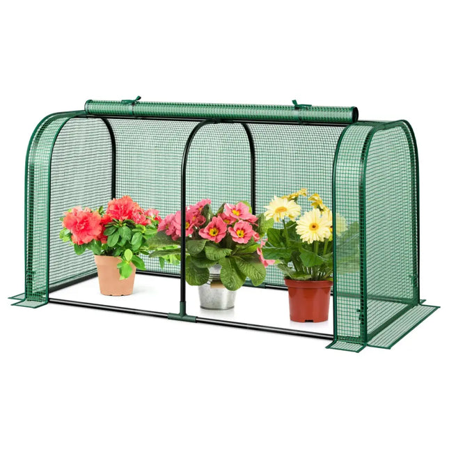 Mini Tunnel Greenhouse with Roll-up Zipper Door-Green - Green - Greenhouses
