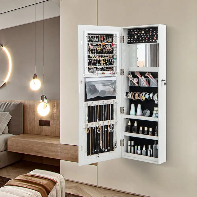 Mirrored Jewelry Armoire with Full Length Mirror and 2 Internal LED Lights-White - White - Jewelry Armoires