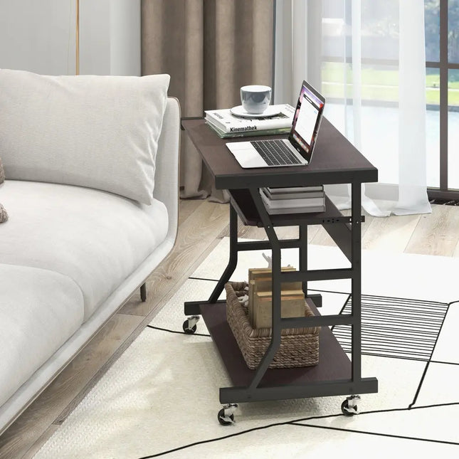 Mobile Computer Desk with Keyboard Tray Mouse Tray and Shelf-Dark Brown - Dark Brown - Computer Desks