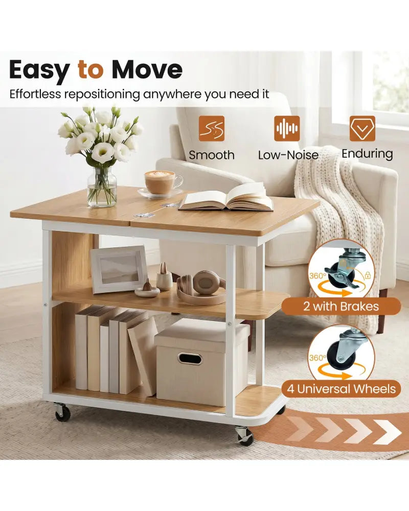 Mobile Night Stand with Foldable Swivel Top and 2-Tier Shelf for Small Spaces-Natural - Gray - End & Side Tables