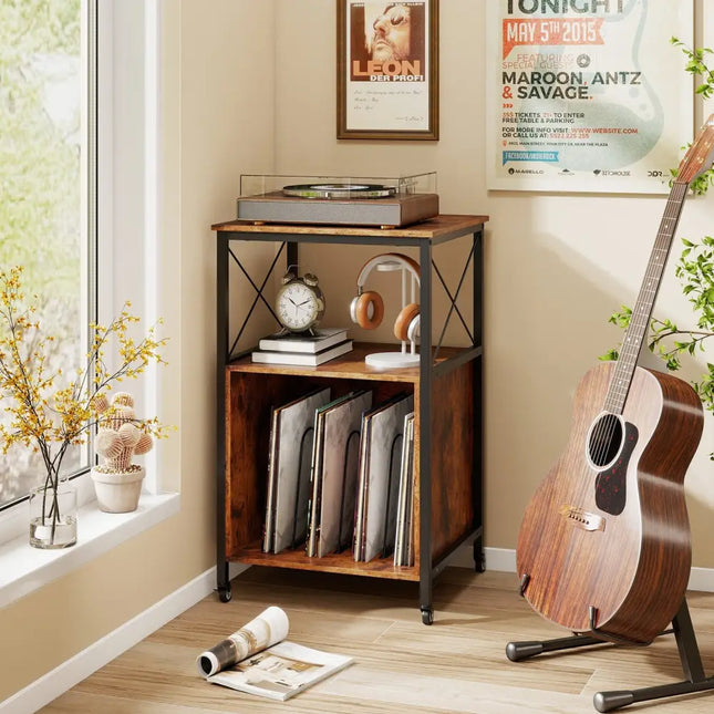 Mobile Record Player Stand with Power Outlet with Open Shelf and Dividers-Rustic Brown - Rustic Brown - End & Side