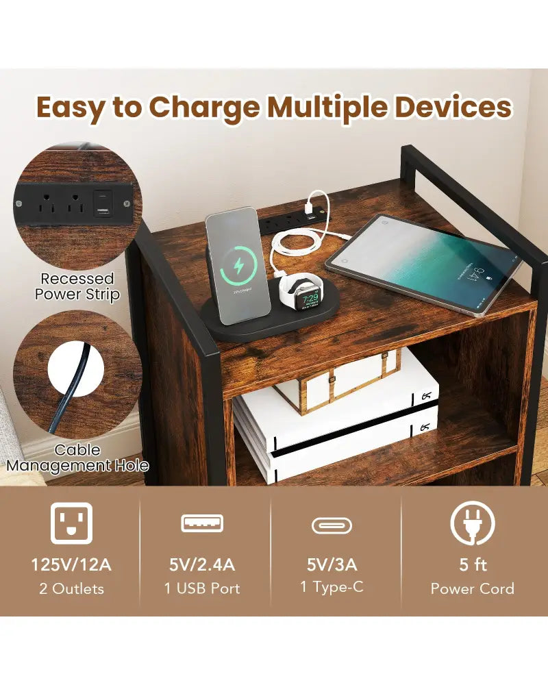 Mobile Record Player Stand with Power Outlet-Rustic Brown - Rustic Brown - End & Side Tables