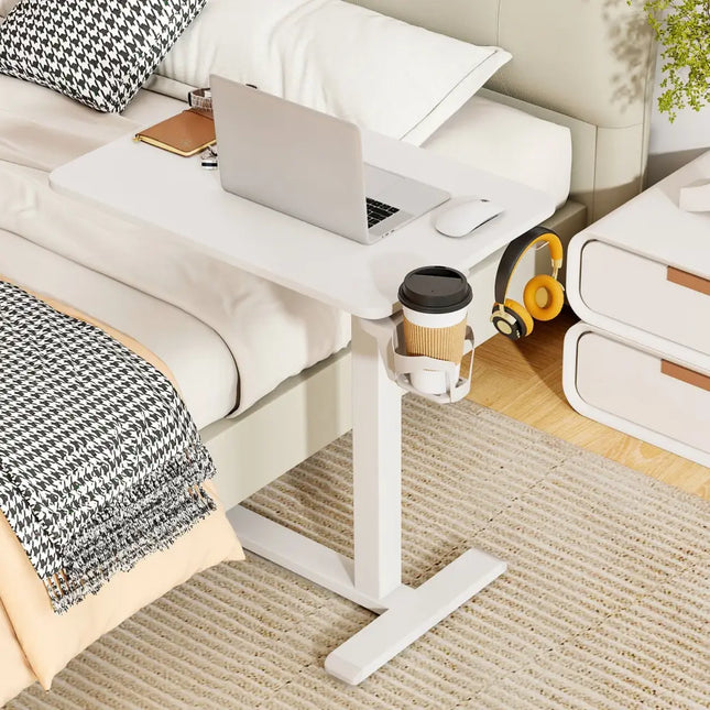 Mobile Standing Desk Height Adjustable Overbed Bedside Table with Cup Holder-White - White - End & Side Tables