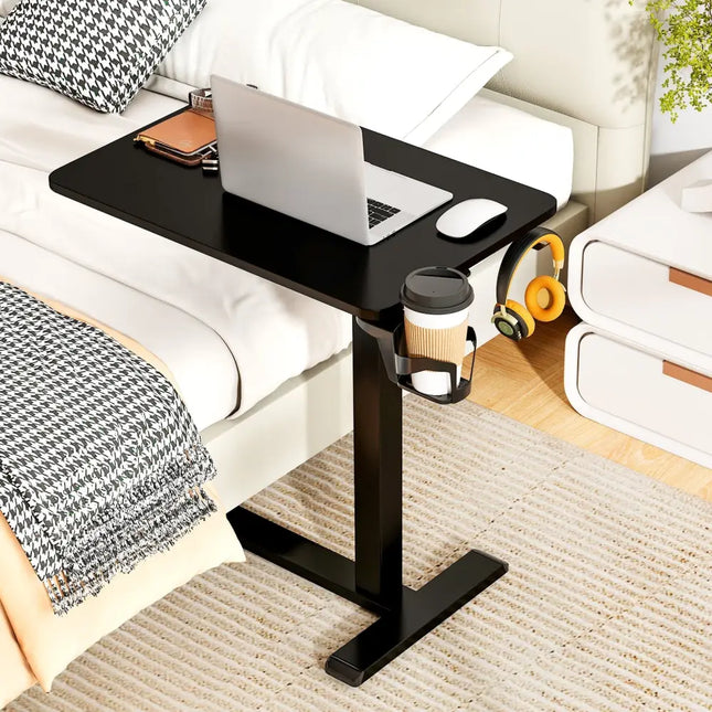 Mobile Standing Desk Height Adjustable Overbed Bedside Table with Cup Holder-Black - Black - End & Side Tables