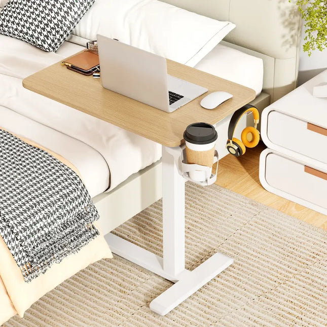 Mobile Standing Desk Height Adjustable Overbed Bedside Table with Cup Holder-Natural - Natural - End & Side Tables