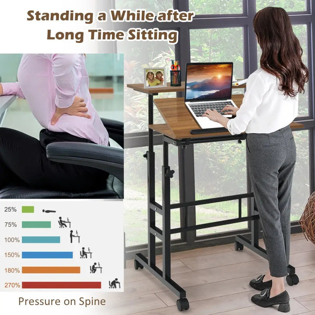 Mobile Standing up Desk Adjustable Computer Desk Tilting Workstation-Walnut - Walnut - Laptop Tables & Printer Stands