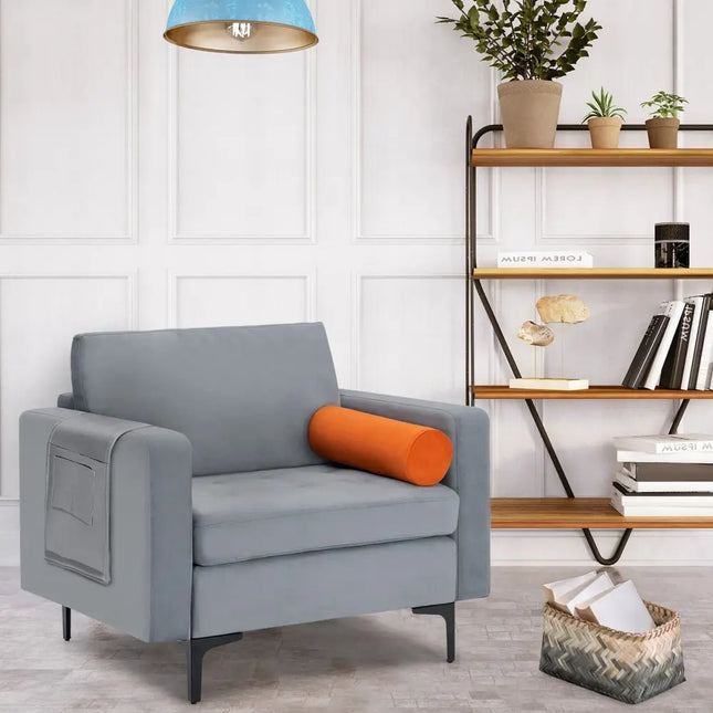 Modern Accent Chair with Bolster and Side Storage Pocket-Gray - Gray - Living Room