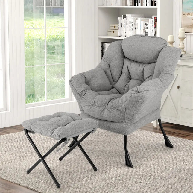 Modern Accent Chair with Folding Footrest and Head Pillow-Gray - Gray - Accent Chairs