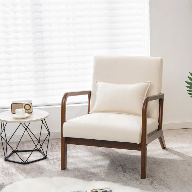Modern Accent Chair with Rubber Wood Frame and Lumbar Pillow-Beige - Beige - Accent Chairs