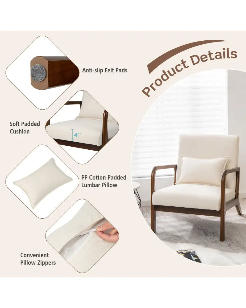 Modern Accent Chair with Rubber Wood Frame and Lumbar Pillow-Beige - Beige - Accent Chairs
