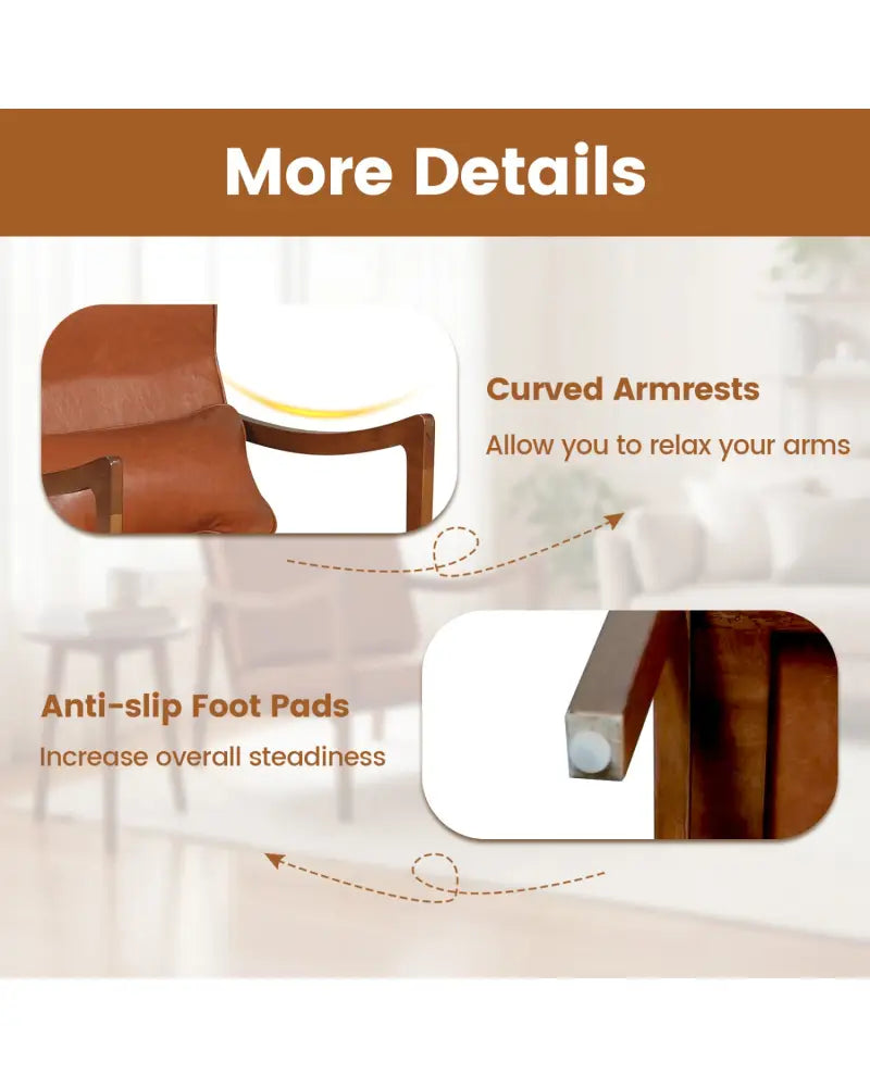 Modern Accent Chair with Solid Rubber Wood Faux Leather Upholstered Armchair-Brown - Brown - Accent Chairs