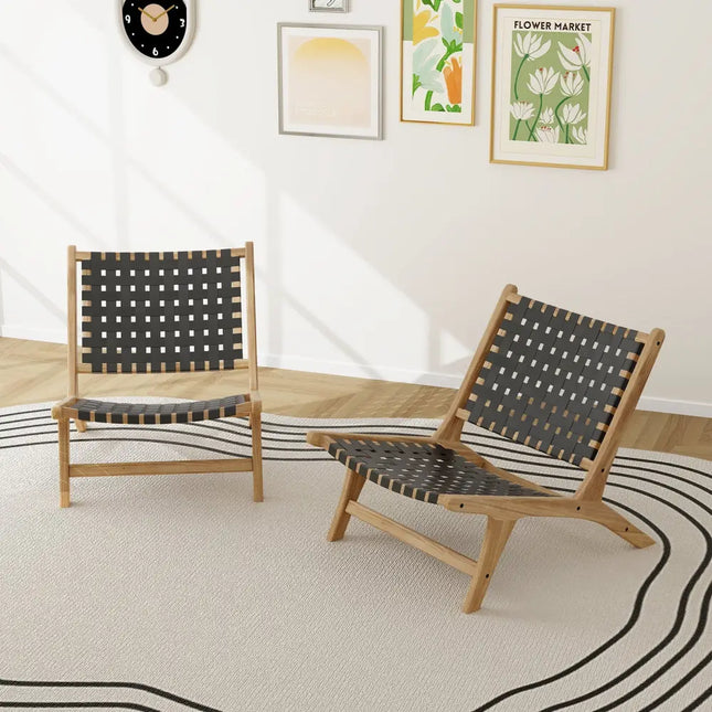 Modern Armless Teak Wood Lounge Chair with Nylon Woven Backrest and Seat-Black - Black - Patio Dining Chairs