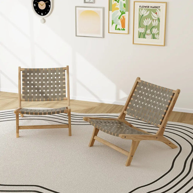 Modern Armless Teak Wood Lounge Chair with Nylon Woven Backrest and Seat-Brown - Brown - Patio Dining Chairs