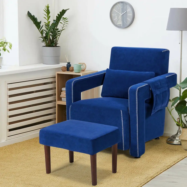 Modern Berber Fleece Single Sofa Chair with Ottoman and Waist Pillow-Blue - Blue - Accent Chairs