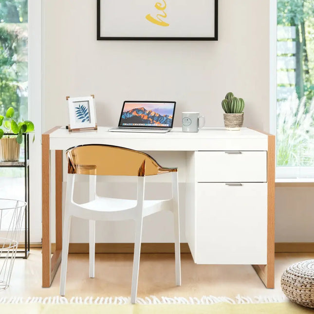 Modern Computer Desk Study Table Writing Workstation with Cabinet and Drawer-White - White - Writing Desks