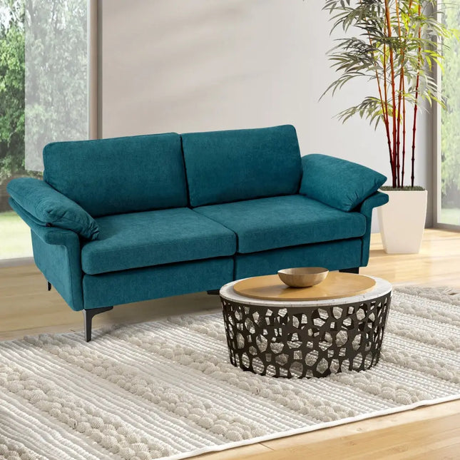 Modern Fabric Loveseat Sofa for with Metal Legs and Armrest Pillows-Peacock Blue - Peacock Blue - Sofas & Loveseats